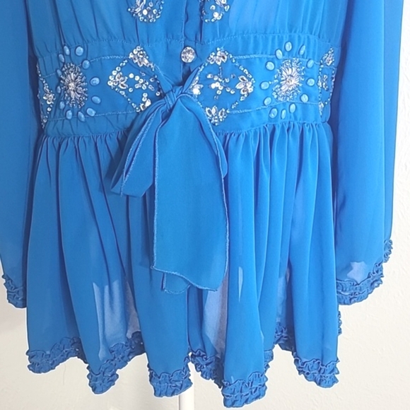 AS HRO Blue Marine Sheer Blouse Rhinestone Buttons & Accents, Small Ruffle, XL - Picture 5 of 11